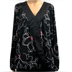 Alfani Womens Blouse Floral Print with Long Sleeves Black White Pink XL